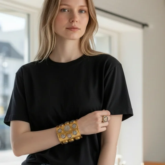 24k Gold Plated Massive Artisan Ancient Coin Cuff Bracelet - Picture 9 of 9